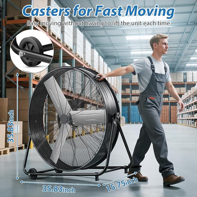 LifePlus 36" Industrial Drum Fan, 600W High Velocity 3-Speed Heavy Duty Metal Air Circulator with 360° Tilt, Casters Handle for Warehouse Factory workshops Patios Garage 21800 CFM