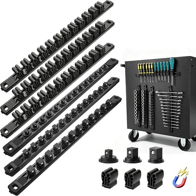 Reniteco 6-Piece Magnetic Socket Organizer and Magnetic Screwdriver Organizer Set, 1/4" 3/8" 1/2" Drive Aluminum Rail & 3-Piece Wrench Screwdriver Holder, Interchangeable Clips, Sockets Not Included