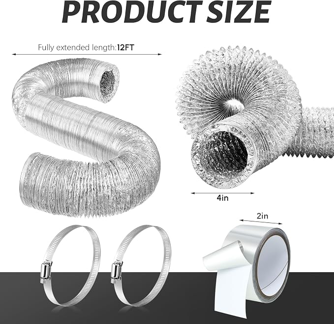 Zonon Dryer Vent Hose 4 Inch X 12 Feet Flexible Aluminum Foil Ducting Non Insulated with Stainless Steel Clamps and Aluminum Tape for Pipe, HVAC Heating Cooling Ventilation and Exhaust(Silver)