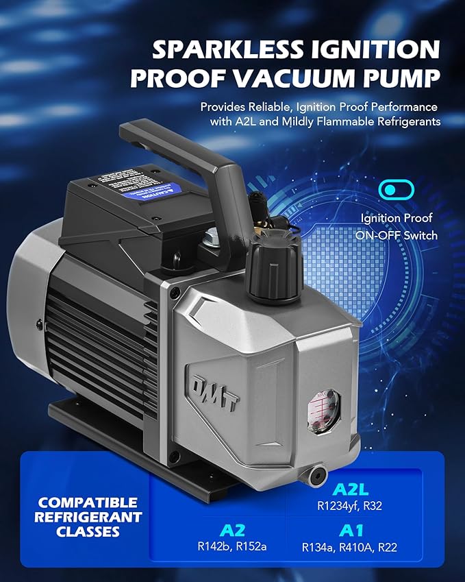 Orion Motor Tech A2L AC Vacuum Pump and Gauge Set, 5 cfm 2 Stage Sparkless Ignition Proof Vacuum Pump for R1234yf R32 R134a R410A System, with 4 Way AC Gauges Quick Couplers Thermometer Can Taps Hoses