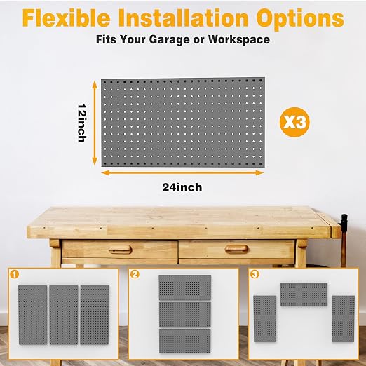 Pegboard Smith Metal Pegboard Panels 12" x 24", 3 Pack Black Wall Mounted Tool Organizer Boards, Heavy Duty Tool Storage Peg Board for Garage, Workbench, Office, Fits 1/4" Peg Hooks