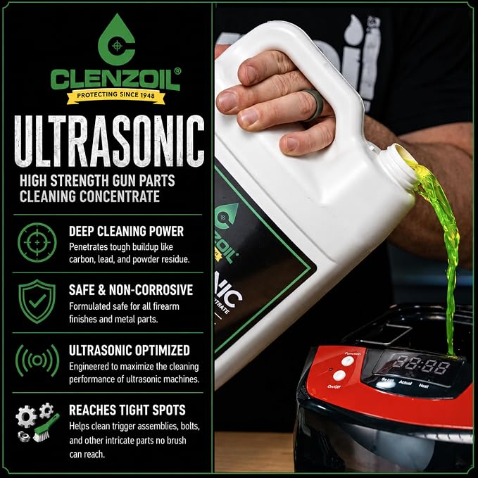 Clenzoil Ultrasonic Cleaner Solution for Firearms - 1 Gallon Concentrate | Removes Carbon, Lead & Powder Residue | Safe on All Metal | Non-Toxic | Field & Range | Dilutes 1:5 (Makes 6 Gallons)