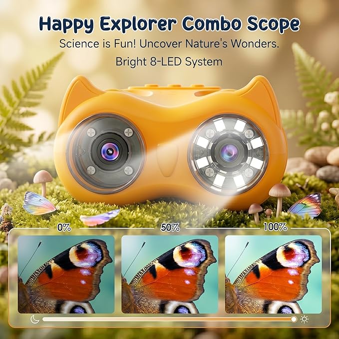 2-in-1 Kids Microscope and Telescope, 1000X Handheld Digital Microscope for Kids, 2.0" Screen, 8 LEDs, 10X Pocket Telescope for Outdoor, 1080P Camera STEM Toys Gift for Boys Girls 4-12, Yellow