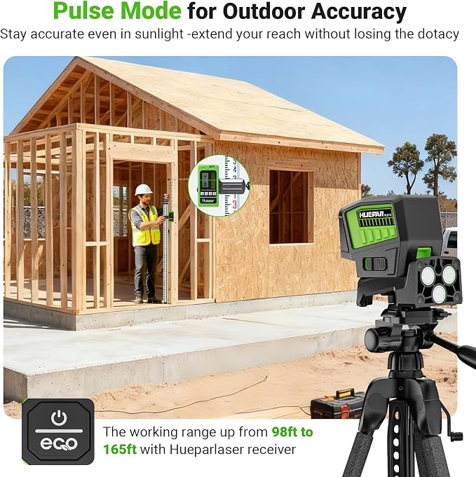 HUEPAR 2 Point and Cross Line Self Leveling Laser Alignment Tool with Plus Mode (98-165Ft), Laser Level & 2 Plumb Dots with 360° Magnetic Base Includes 2 AA Batteries & Hard Carrying Case - PL211G