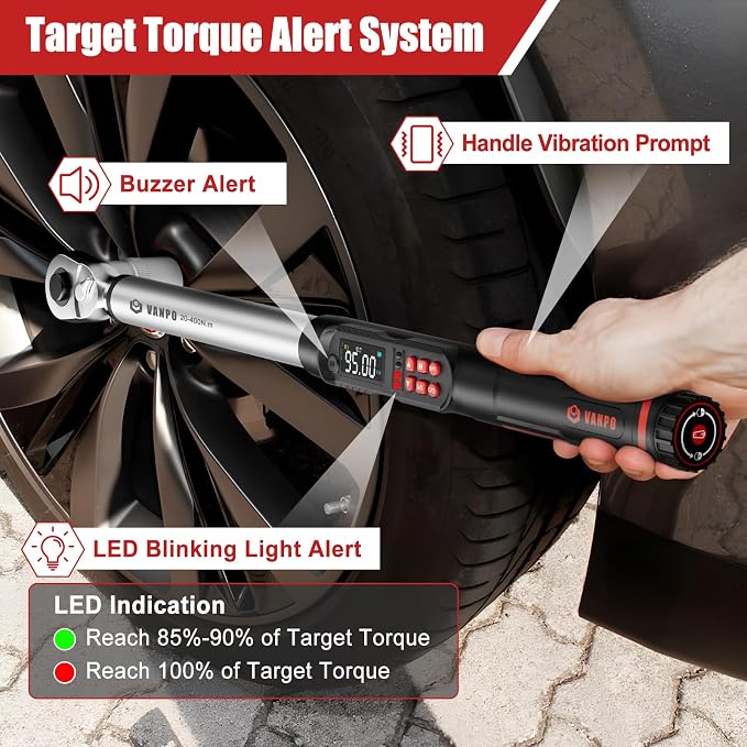 VANPO 1/2 Drive Digital Angle Torque Wrench 14.7-295 ft.lb, ±2% Accuracy | 20-400 Nm Electronic Torque Wrench, Buzzer LED Vibration Alarm, Perfect for Heavy Duty Truck, Bus & Diesel Repair