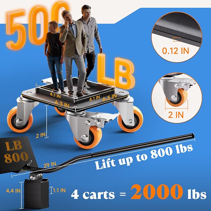 Furniture Movers with Wheels, Upgraded Guardrails for No Slips, Heavy Duty Furniture Dolly, Furniture Sliders with Wheels, Furniture Lifter Tool Included (Orange, 6.3" × 6.3" Pro Max)