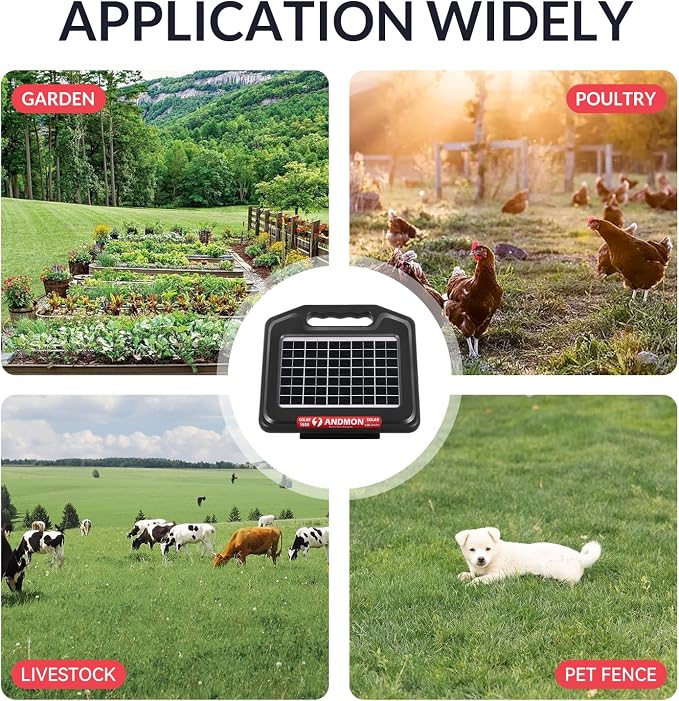 ANDMON S700 35 Miles Solar Fence Charger, 0.76 Joule Solar Electric Fence Charger for Livestock, Horses, Cattle Sheep, Solar Powered Electric Fence with Dual Input, Easy Installation