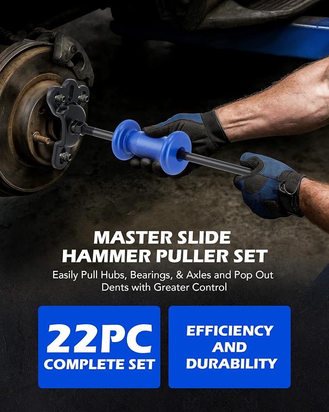 Orion Motor Tech Slide Hammer Puller Set, 22 Piece Front and Rear Axle Shaft Hub Bearing Seal Remover Set with 1" to 2-7/8" ID Adapters 2-Jaw 3-Jaw Yokes, Slide Hammer Bearing Puller Dent Repair Kit