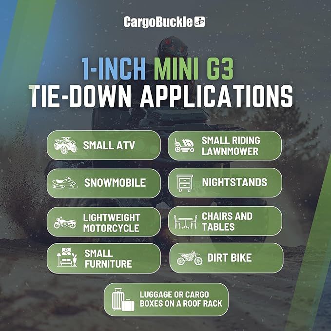 CargoBuckle Mini G3 Retractable Ratchet Straps, 1400 lbs Break Strength, 1-Inch Width X 6 ft Reach, Self Retracting Ratchet Straps for Trailers, Toy Haulers, ATVs, and Motorcycles - 2 Pack