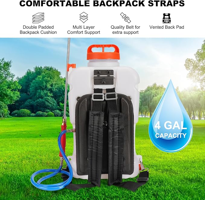 Toovem Battery Powered Backpack Sprayer 4 Gallon, Weed Yard Sprayer with Wand, Electric Backpack Garden Sprayer with Wheeled Cart for Weeding, Adjustable 0-94 PSI, 10FT Hose, 6 Nozzles
