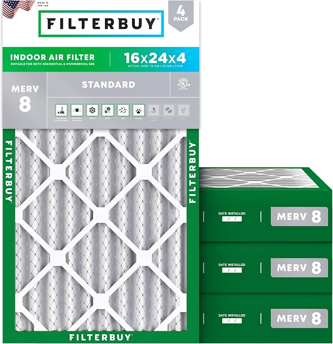 Filterbuy 16x24x4 Air Filter MERV 8 Essential Dust & Allergy Defense (4-Pack), Electrostatic Pleated HVAC AC Furnace Filters Replacement, Made in USA (Actual Size: 15.38 x 23.38 x 3.63)
