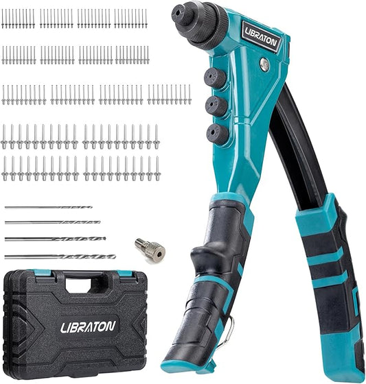 LIBRATON Heavy-Duty Rivet Gun, Pop Rivet Gun Set, Professional Hand Riveter, Manual Riveting Tool with 160 Aluminum Rivets, Includes 4 Drill Bits, 4 Tool-Free Interchangeable Nozzles, Storage Case