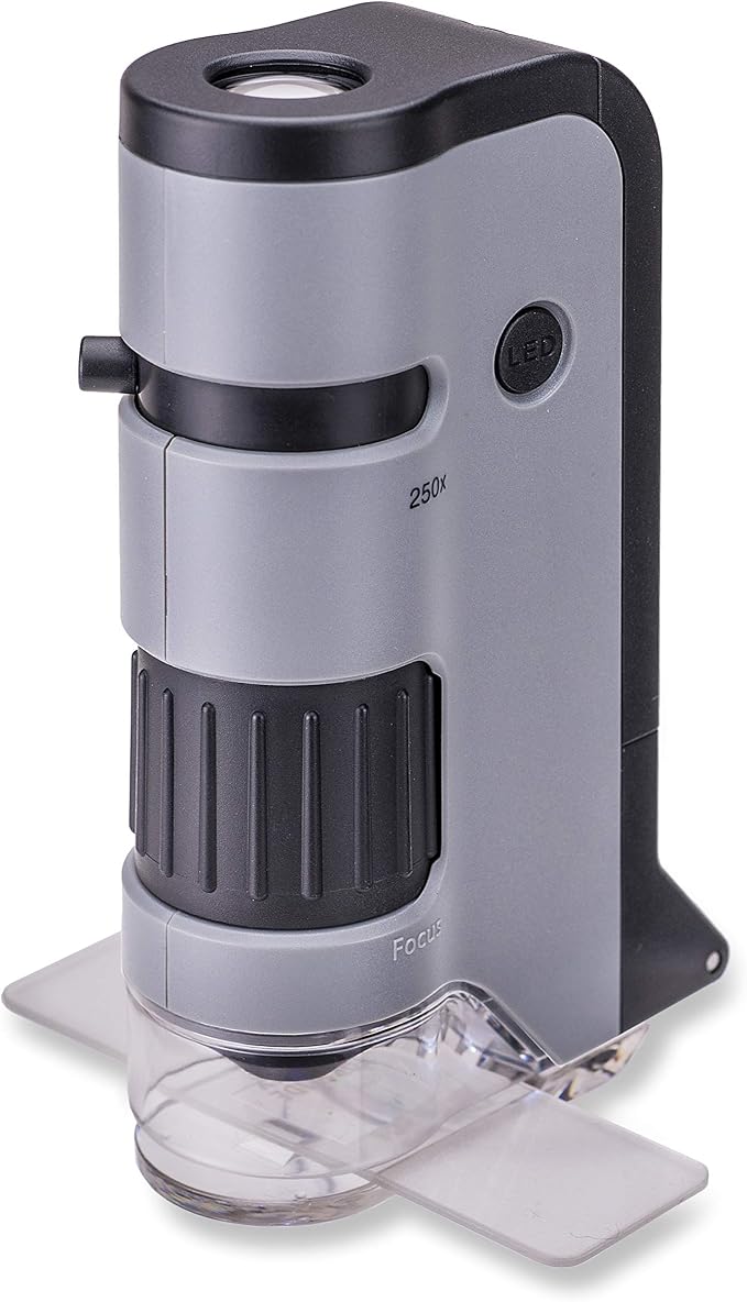 Carson MicroFlip 100x-250x LED and UV Lighted Pocket Microscope with Flip Down Slide Base and Adapter with CarsonCam Phone App - Set of 4 (MP-250MU)