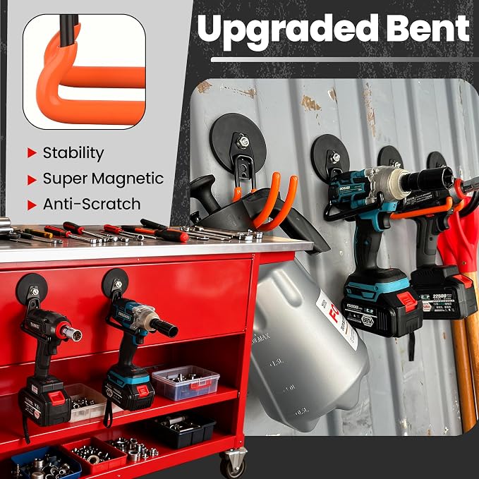 ULIBERMAGNET Heavy Duty Magnetic Garage Hooks,8 Pack Strong Large Magnet Hooks for Power Drill,Garden Tools,Hose,Pegboard,Garage, Workshop,Magnetic Storage Hooks for Indoor Outdoor Hanging(Orange)