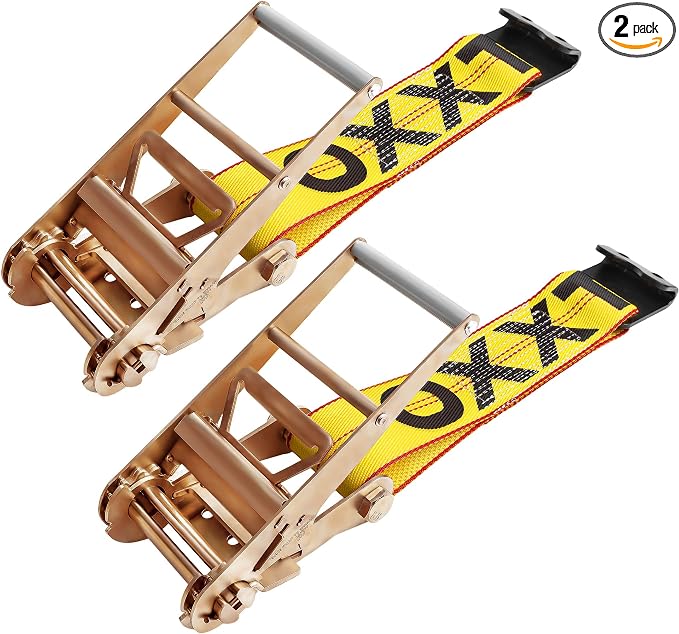 4 Inch Ratchet Strap with Flat Hook Fixed End, Heavy Duty Replacement for Flatbed Trailer, Vehicle Tie Down Straps, Cargo Control, 6600lbs WLL - 2 Pack