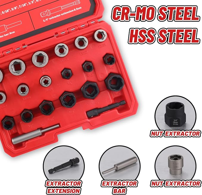 20-Pcs Bolt &Nuts Extractor Set, 3/8'' Drive Easy Out Bolt Extractor Set, Rounded Bolt Remover Heavy Duty, Broken Bolt Extractor Kit for Damaged, Frozen Bolts, Lug Nut, Nuts, Screws