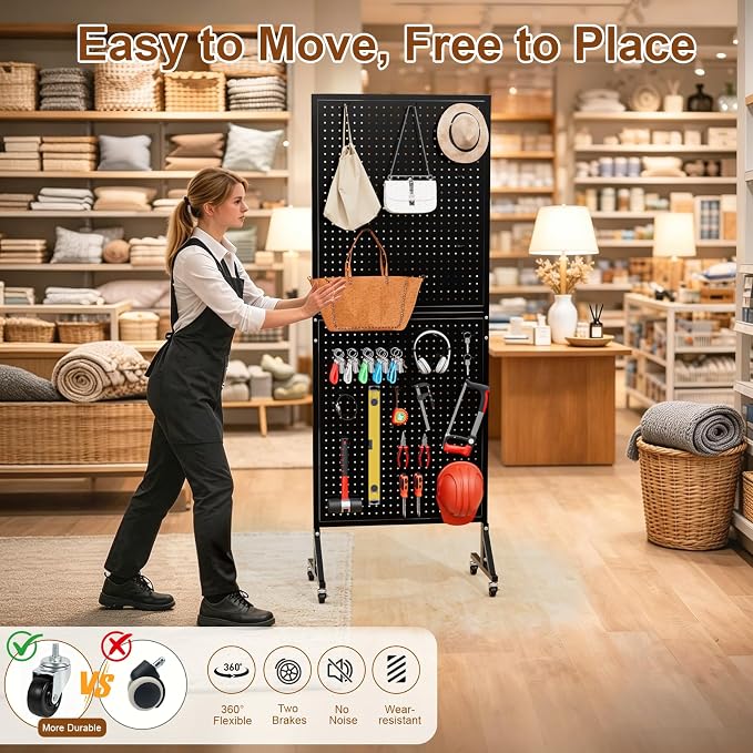 Metal Pegboard Display Stand 66" x 24”, Pegboard Shelf with 30 Hooks, 4 Wheels and 4 Leveling Feet, Peg Board Panels Display Rack for Retail Store, Craft Show, Garage, Jewelry Organizer, Black