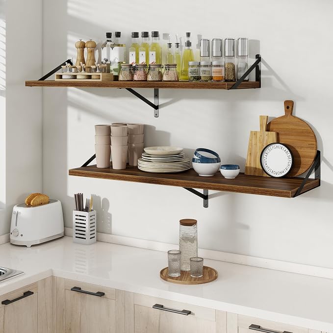 Floating Shelves 12 Inch Deep, 48W x 12D Wall Shelf Set of 2, 70 lbs Heavy Duty Reversible Metal Brackets, Deep Industrial Book Shelf for Living Room Kitchen Bath Bedroom Coffee Bar, Walnut