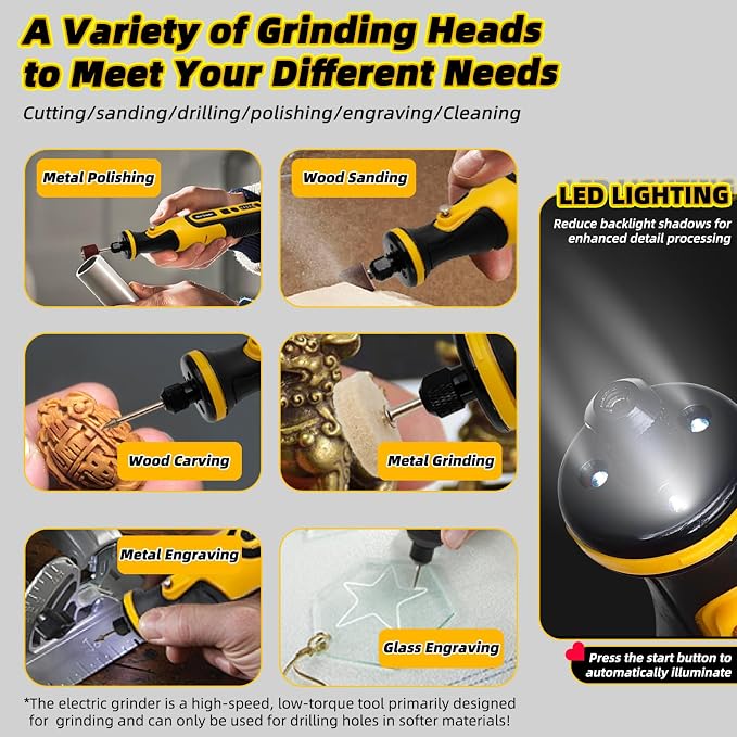 5-speed Adjustable Cordless Grinder Set, 7.2V LED Light Mini Tepy-C Cordless Electric Rotary Sander with 59 Attachments for Drilling, Sanding and Polishing 3D Printed Resin Models