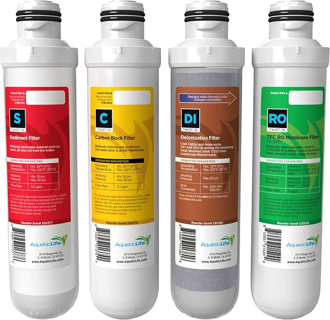 Aquatic Life Twist-In Reverse Osmosis Aquarium Water Filter Replacement Cartridge Pack, Includes 75 GPD Membrane, Sediment, Carbon Block and Deionization DI Filters for 3 and 4-Stage RO/DI System