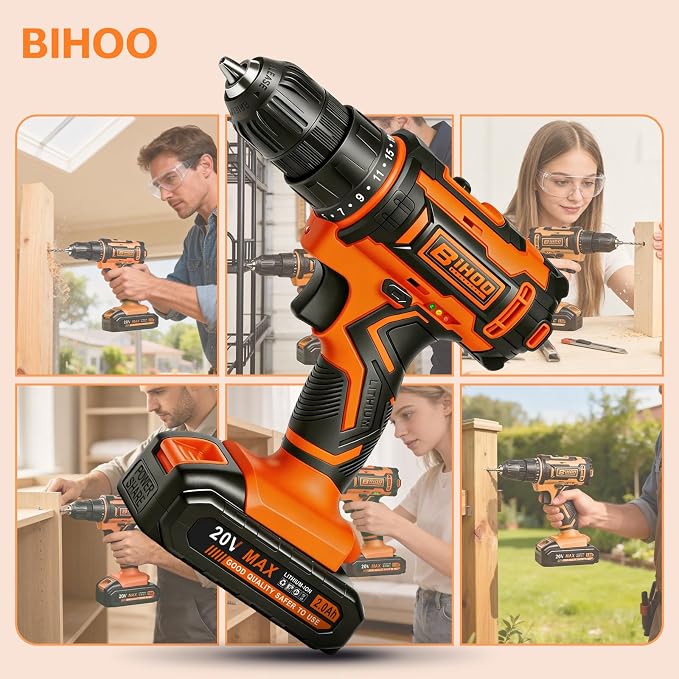 20v Drill Driver Set,Cordless Drill with Battery and Charger,LED Tools Kit,25+1 Torque Setting,43pcs Drill Bits,Orange