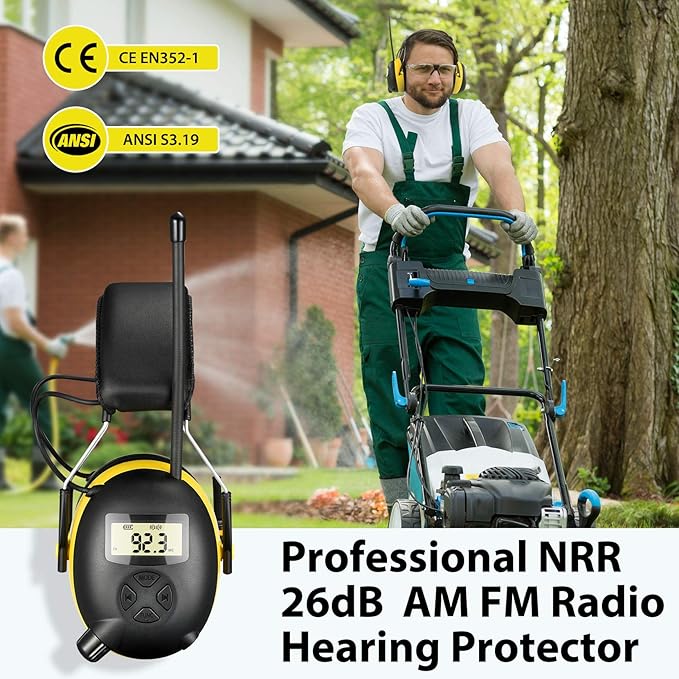 BJKing Upgraded 5.4 Bluetooth Hearing Protection AM/FM Radio Headphones, 30dB SNR Safety Earmuffs, Ear Protection for Mowing, Workshops, and Snowblowing, Yellow