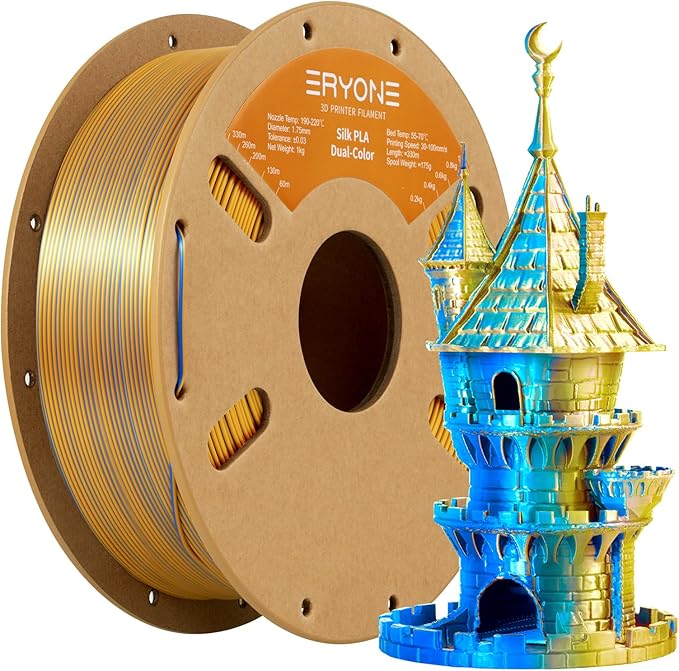 ERYONE Silk Dual Color PLA Filament 3D Printer 1.75mm +/- 0.03mm, Bicolor Filament Two Tone PLA 1KG(2.2lbs) Cardboard Spool, Gold Blue