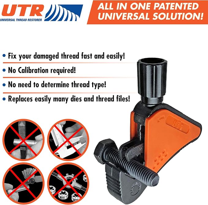 UTR - Universal Thread Restorer. External Thread Repair Tool. Easily Replaces hundreds of Dies. Automatically chases threads within range 5/32" - 1/2",4-13 mm. All In One Patented Universal Solution!