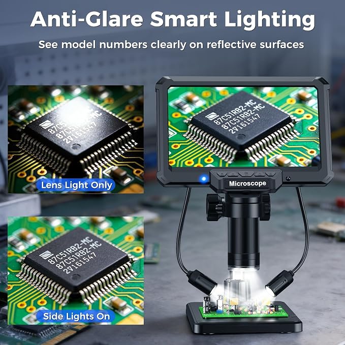 7" Digital Soldering Microscope with Remote for Electronics Repair, 1200X IPS Screen PCB Magnifier, 16M 1080P USB Output, 2 Gooseneck Side Lights for SMD Microsoldering (MK7)