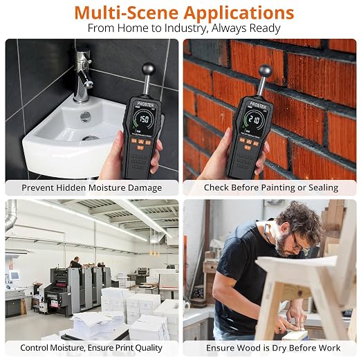Proster 2-in-1 Pin & Pinless Moisture Meters for Walls - Rechargeable Damp Meter with 3-Colour Bar Graph LCD Display Customizable Alarms Wood Moisture Meter for Building Materials Concrete Plaster