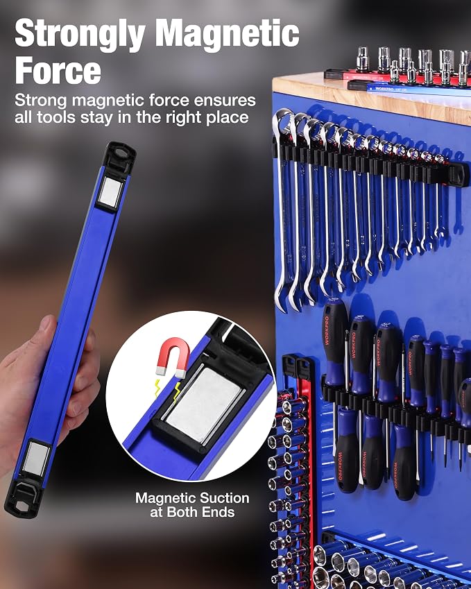 WORKPRO 8-Piece Magnetic Socket and Screwdriver Organizer Set | 6-Piece 1/4", 3/8" & 1/2" Drive Metric & SAE Socket Rails, 2-Piece Screwdriver and Wrench Holders