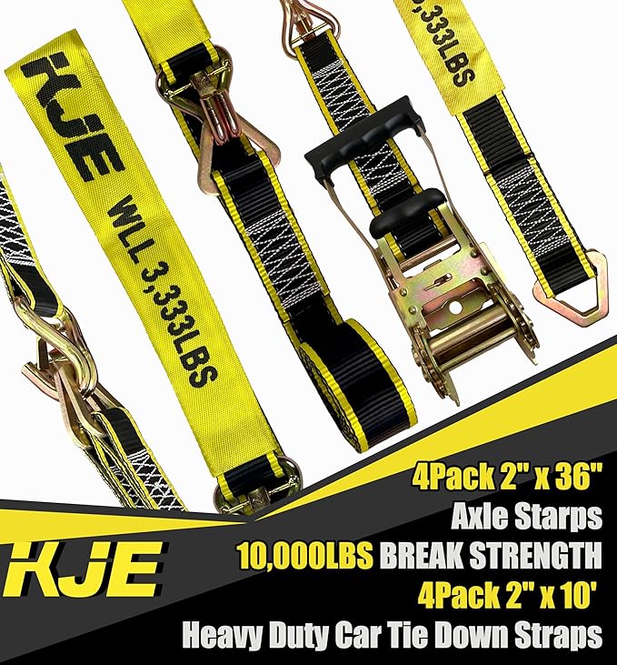 KJE Heavy Duty Car Trailer Tie Down Straps with Reflective - (4) 2" x 10' Ratchet Straps + J-Hooks with Clip, (4) Axle Straps 2" x 36'' - 10,000lbs Break Strength - Use for Car, Truck, UTV Transport
