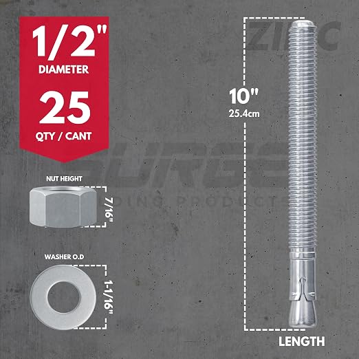 Surge BP - 1/2" X 10" Zinc-Plated Wedge Anchors for Concrete and Cement | Heavy-Duty Expansion Anchor (Box of 25)