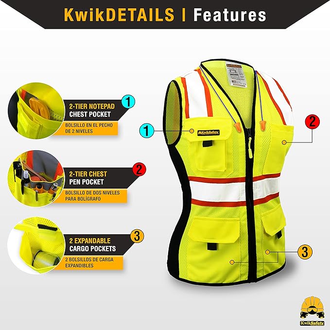 KwikSafety FIRST LADY Safety Vest for Women [Yellow, XS] + TORTOISE Full Brim Hard Hat Bundle