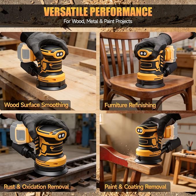 Cordless 5-Inch Random Orbital Sander Compatible with DeWalt 20V Battery (Tool Only), Brushless Electric Sander with Dust Collection, 6 Variable Speeds (7,000–13,500 RPM) for Woodworking & Furniture