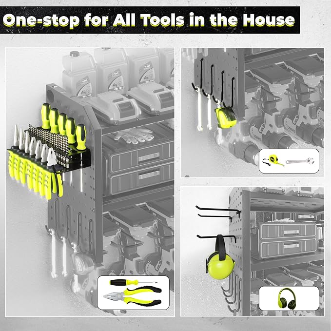 KAFAHOM Power Tool Organizer，Large 8 Drill Holder Wall Mount ，Heavy Duty Metal Tool Shelf with 12 Hooks，Storage Rack for Garage Organization，Utility Cordless Drill Holder and Battery Shelves