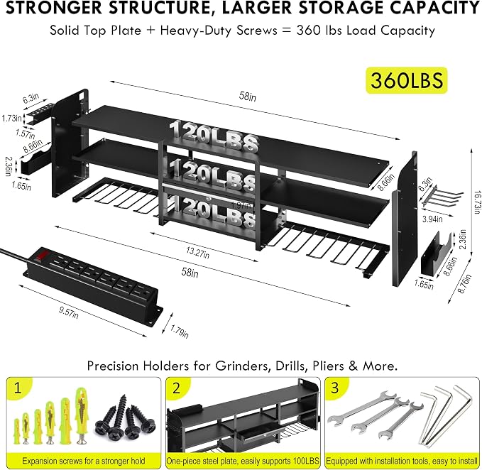 KSVO Large Power Tool Organizer Wall Mount with Locking Drawers, Grinder Holder, Hammer & Pliers Rack, & 6-Outlet Charging Shelf – Heavy Duty Metal Tool Storage for Garage & Workshop (black-new)