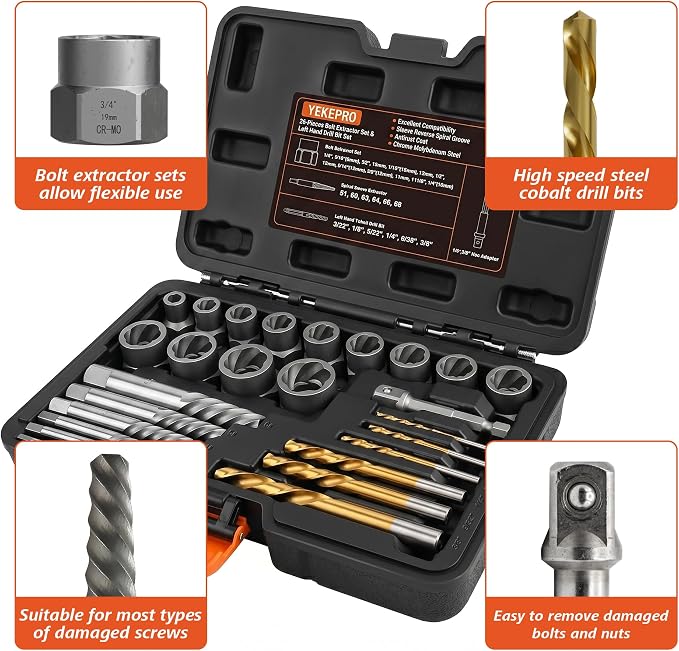 26-Piece Impact Bolt Spiral Screw Extractor Set with Left Hand Reverse Drill Bit Kit & Hex Adapter, Easy Out Kit for Removing Damaged, Stripped, Broken Bolts, Screws, Nuts