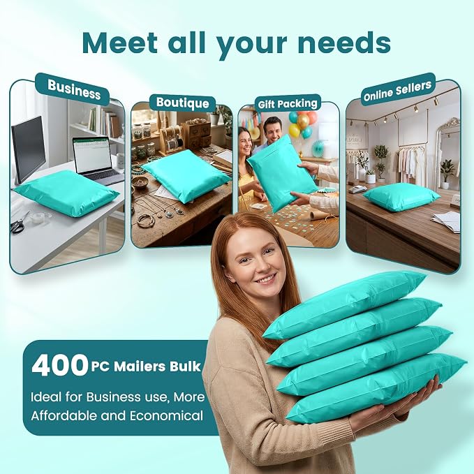 Metronic Poly Mailers 14x19 400 Pack, Heavy Duty Shipping Bags Bulk Self Seal Waterproof Tear Resistant Large Mailing Envelopes, Packaging bags for Small Business, Boutique, Clothing, Teal