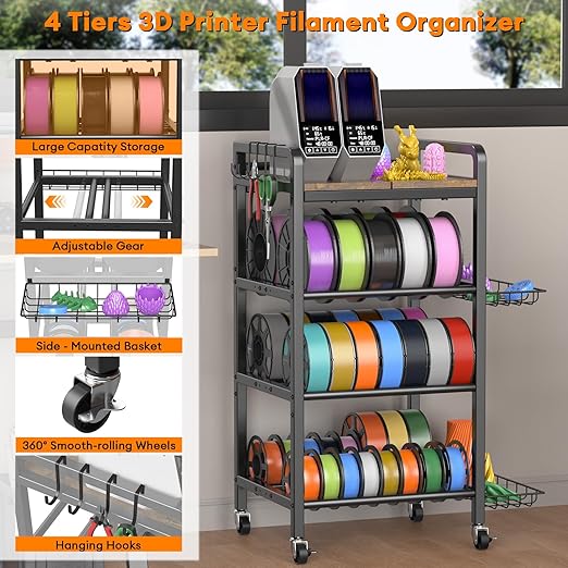 3D Printer Filament Storage Rack- 4 Tiers Filament Spool Holder, Heavy Duty 3D Printing Stand Filament Organizer with 360° Wheels, Metal Filament Stand Shelf for PLA/ABS/TPU/Nylon (Black)
