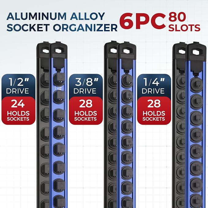 Reniteco Magnetic Socket Organizer Set, 6PC 1/2" 3/8" 1/4" Drive Aluminum Alloy Socket Holder with 80PC 360° Swivel Removable Clips, Magnetic Socket Rail for Tool Box Drawer, Black & Blue