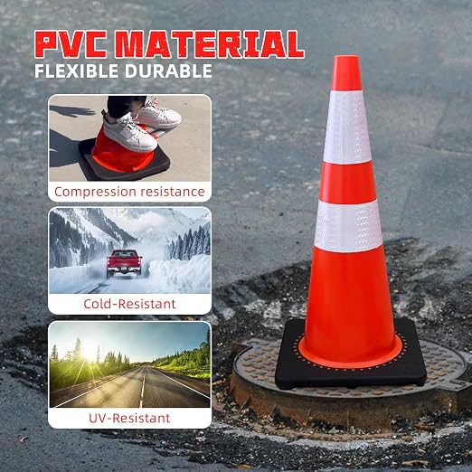 8 Pack 28 Inch Traffic Safety Cones Orange Parking Cones with Reflective Collars Heavy Duty Black Base Construction Cone Structurally Stable for Road Warning Parking Lot Public Place Traffic Control