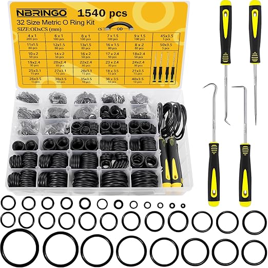 1540 PCS O Ring Assortment Kit with 4 Pick & Hook Tools - 32 Sizes Metric Nitrile Rubber O-Rings Kit for Pressure Washer, Automotive Repair, Industrial, Plumbing