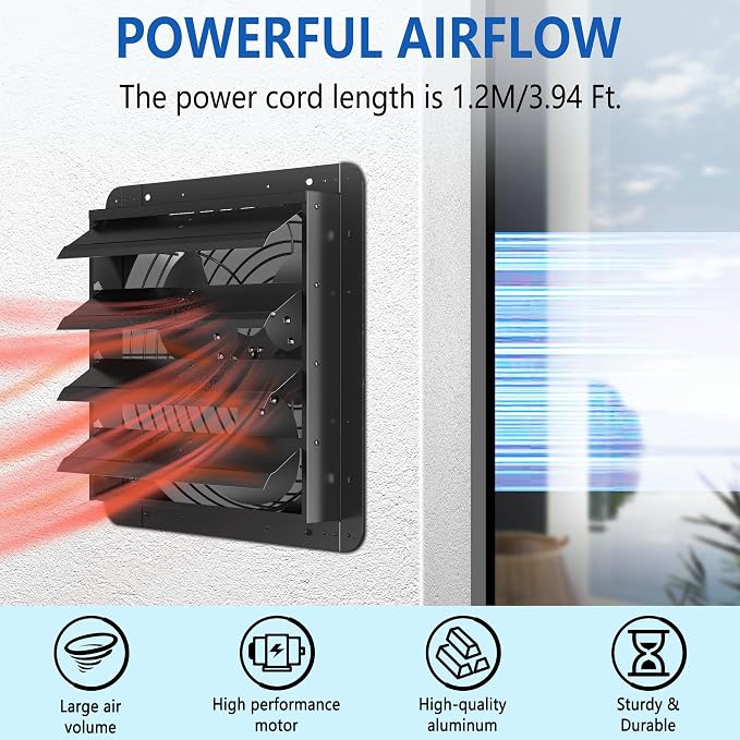 16 Inch Shutter Exhaust Fan, Aluminum Wall Mounted Exhaust Fan with Power Cord,2060 CFM High Speed Automatic Louvered Vent Fan for Greenhouse, Factory,Shop,Garage, ETL Listed