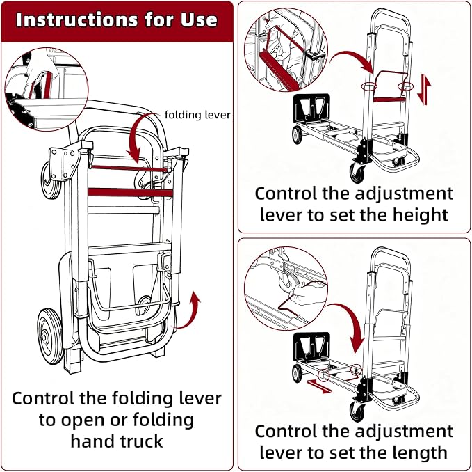 Aluminum 3-in-1 Folding Hand Truck, 500Lbs Heavy Duty Dolly Cart with 2 Large 6-Inch Quiet Rubber Wheels, 2 360° Swivel Wheels, 2 Bungee Cords, Portable Dolly for Home, Office, Warehouse, Packages