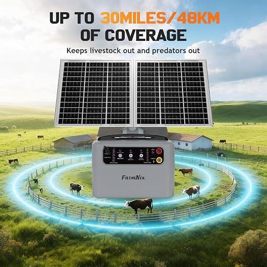 30 Miles/48km Solar Electric Fence Charger,15W Solar Powered Fencer with Adjustable 6KV to 12KV Output (0.3J-1.5J),Battery Level LCD Display,All-Weather Kit for Livestock,Deer,Farm,Yard