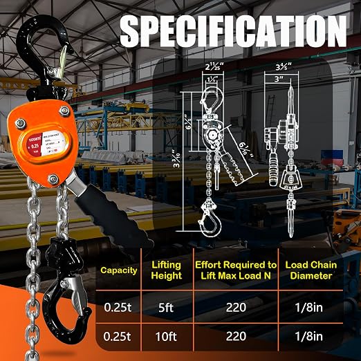 Manual Mini Lever Chain Hoist - 1/4 Ton 550LBS 5FT, Lever Bolck Chain Puller Come Along Winch, Alloy Steel G80 Chain Ratchet with 2 Duty Hooks,Portable and Smooth, for Factory Garages and Open-Air.