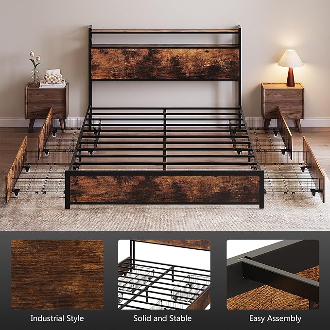 VINGLI King Bed Frame with 4 Storage Drawers and Adjustable Headboard Shelf, Metal Platform Captain Bed with Charging Station and RGB LED Lights, No Box Spring Needed, Noise Free, Wash Vintage Brown