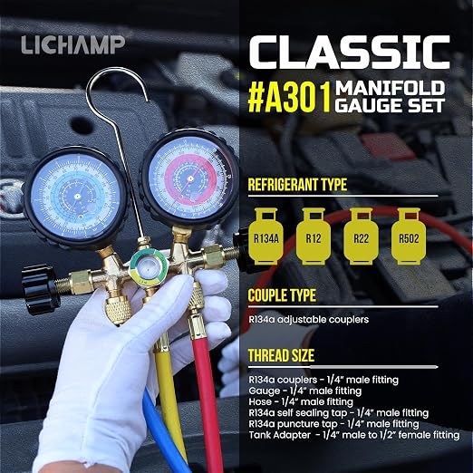 Lichamp AC Gauges R134a R22 R12 R502 A/C Diagnostic Manifold Gauge Set with 5FT Hose and 4.5 cfm 1/3 HP HVAC Single Stage Vacuum Pump for R134a R410a R22 R12