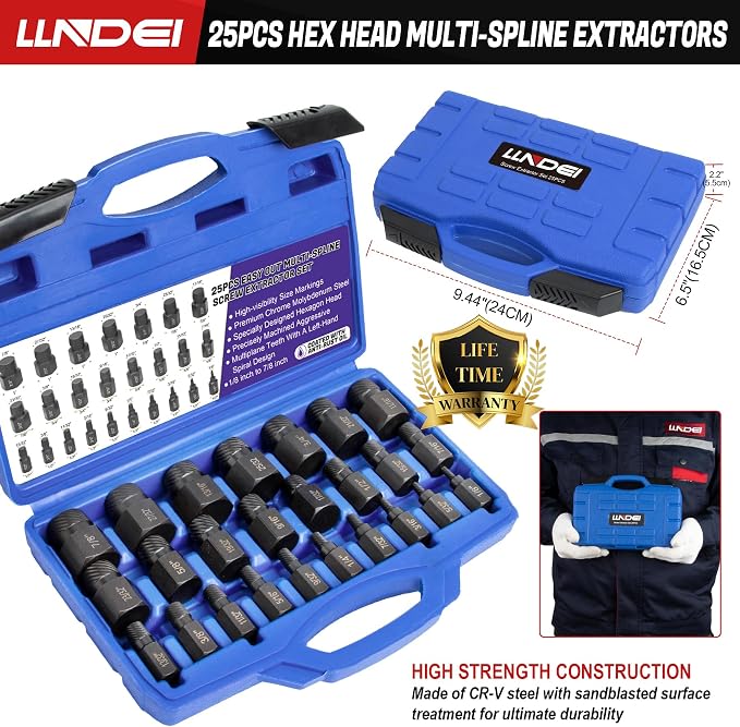 LLNDEI Screw Extractor Set Hex Head Multi-Spline Easy Out Bolt Extractor Set, EZ Out Rounded Screw Remover, 1/8 Inch to 7/8 Inch in 1/32-Inch Increments, CR-MO, 25 Pieces, Stripped Fastener Tool
